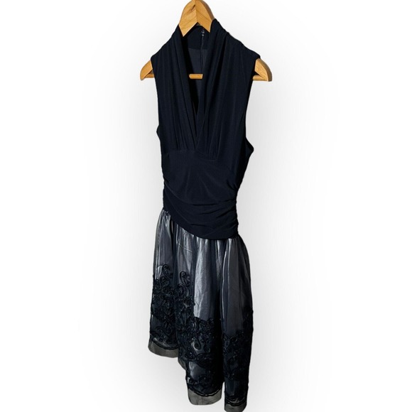 SLNY Navy Blue Fit and Flare Cocktail Dress Stretch Top Tulle Lace Skirt Size 4 - Picture 8 of 16